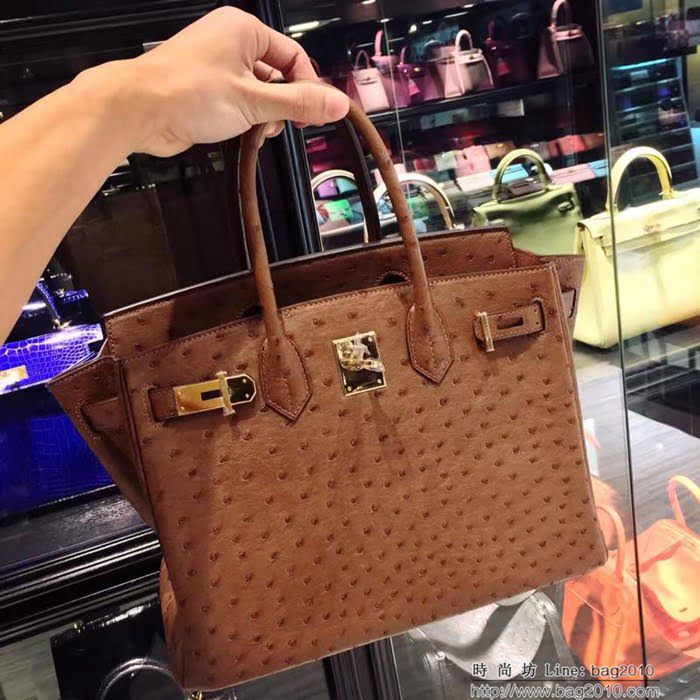 HERMES愛馬仕 鉑金包 Birkin 30 南非原產KK級鴕鳥皮 頂級工藝 土黃 手縫蠟線 手提包  Ama1229